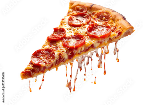 Template with delicious tasty slice of pepperoni pizza flying on white background. Generative AI