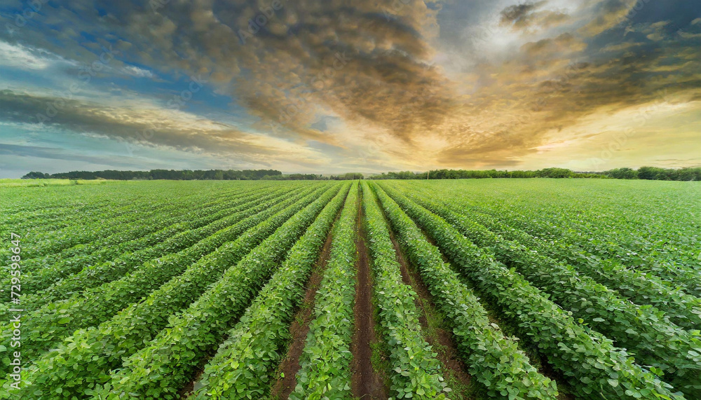 From high above, witness the symmetrical beauty of irrigated soybean fields, their vibrant green hues contrasting against the backdrop of a captivating sunset.