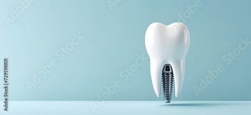Human molar implant with steel pin on blue background. Removed teeth recovery technique with dental prothesis. Dentistry service development photo