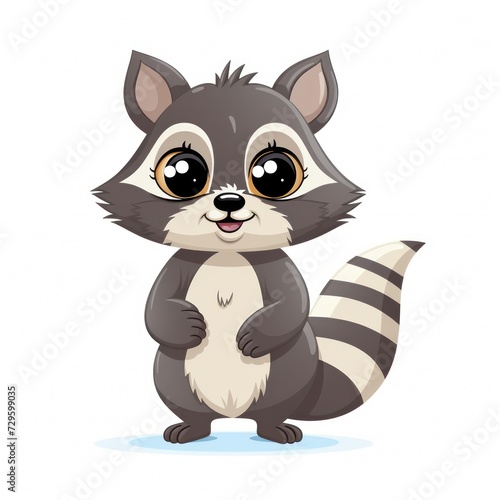 A cartoon raccoon with big eyes and a cute smile. It has a striped tail and is standing on its hind legs.