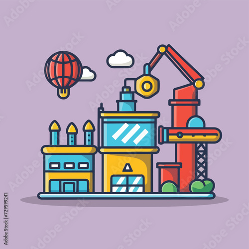 2d vector illustration icon, shape line , architecture factory industrial and town with home
