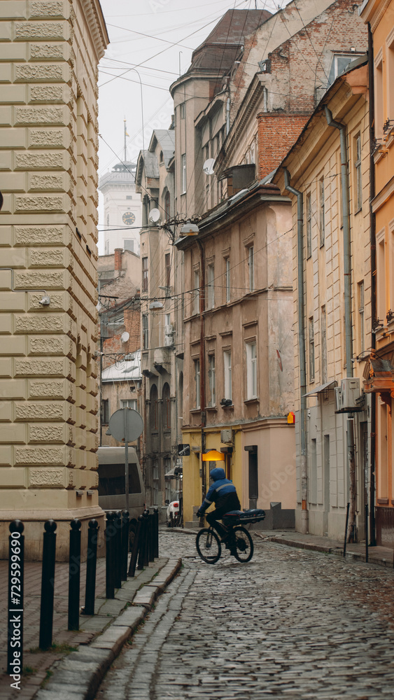an atmospheric and narrow street in Lviv. Ukraine