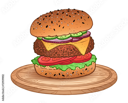 Vector color illustration of burger sandwich fast food meal with cutlet and cheese on wooden round cutting board
