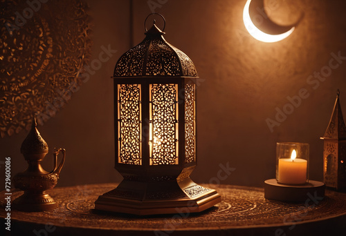 Ramadan lantern with crescent moon and podium as luxury islamic background. Decoration for ramadan kareem, mawlid, iftar, isra miraj, eid al fitr adha and muharram. 