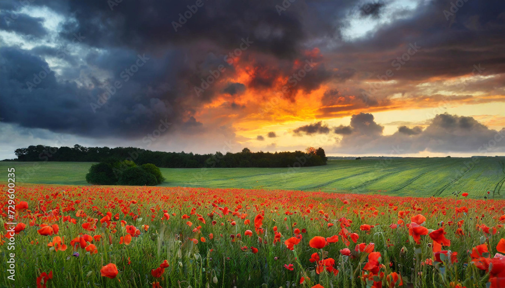 A stunning poppy field illuminated by the warm hues of a sunset, symbolizing the beauty of farming and harvest.
