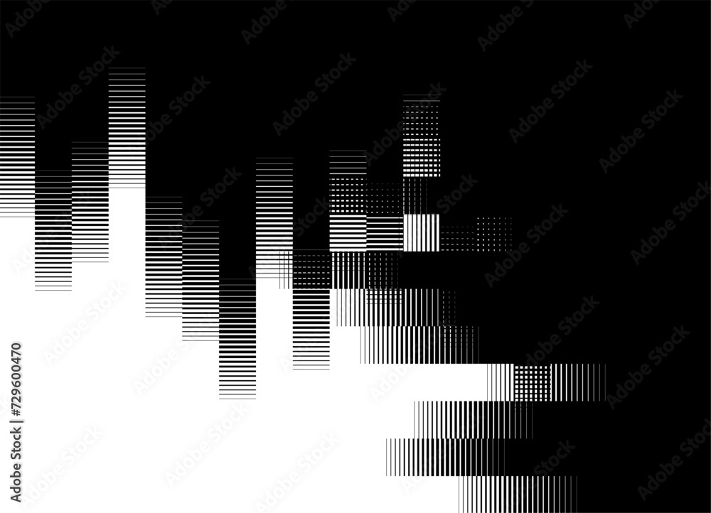 Transition from black to white from abstract striped pixels. Thin broken lines. Black and white striped pattern. Modern vector background.
