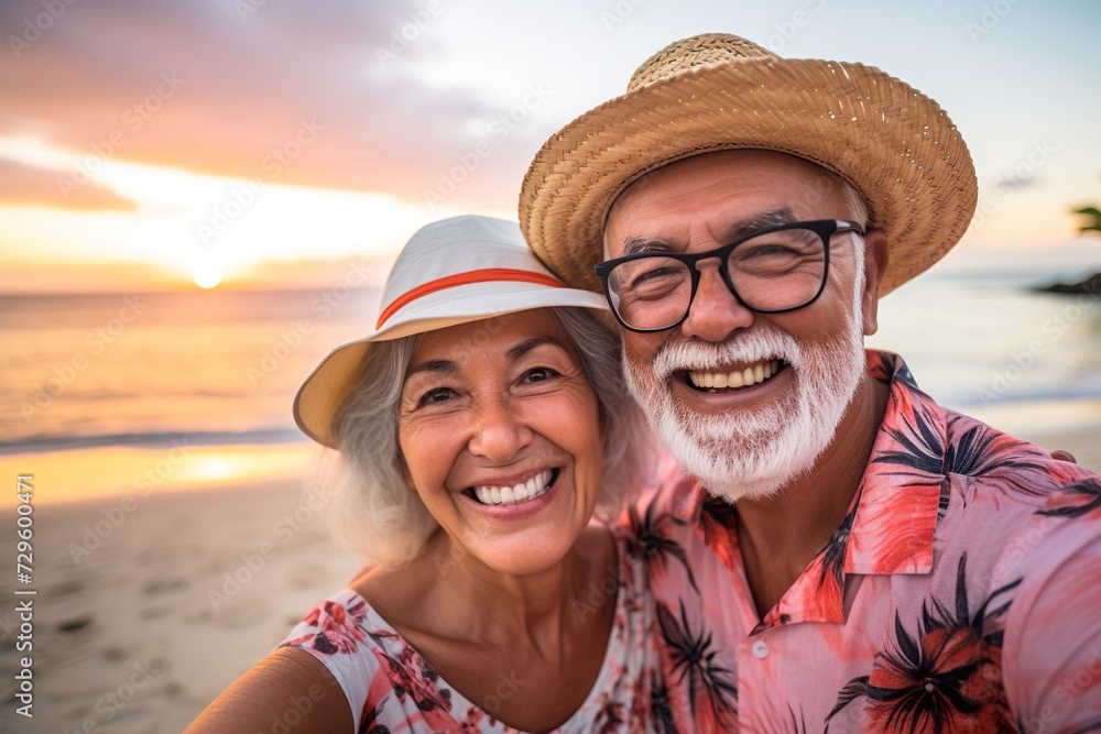 Asian elderly couple on vacation at the beach, happy taking a selfie.