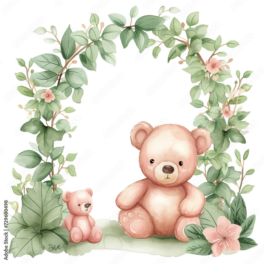 Gender neutral baby teddy bear and accessories over beige background. baby shower or birth announcement cards, with neutral theme floral green petal frame , leaf arch, decor for birthdays 