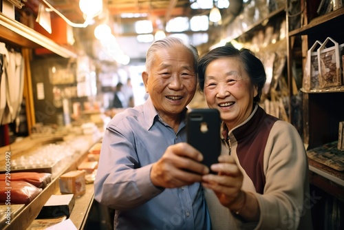 elderly asian couple looking at the phone in the middle of a store. Both happy and smiling