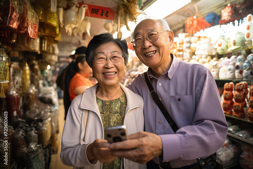 elderly asian couple both taking selfie in the middle of a local store