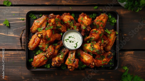 Delicious buffalo chicken wings garnished with parsley, served with a creamy dip in a tray on a wooden table.