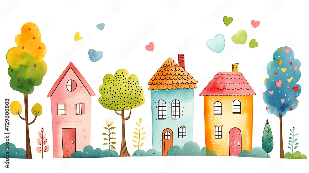 Colorful cartoon houses, trees and heart clouds in pastel watercolors on white background. 