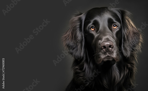 Portrait of a black labrador retriever. on a dark gray background. Copy space for text, message, logo, advertising.