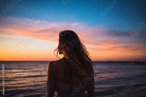  Back view of woman on beach at summer sunset © Evgeniya