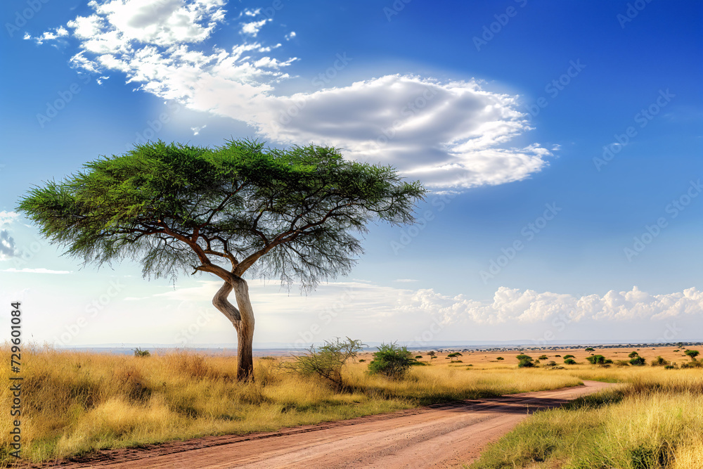 Fototapeta premium Vibrant Savanna Landscape Acacia Tree Framed by Lush Greenery, Beautiful Savana , shot of a tree in the savanna plains, Masai Mara landscape