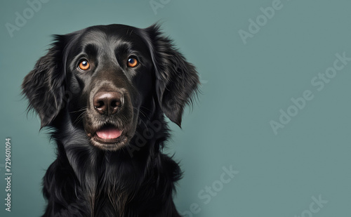 Portrait of a black labrador retriever on a green background. Copy space for text, message, logo, advertising.