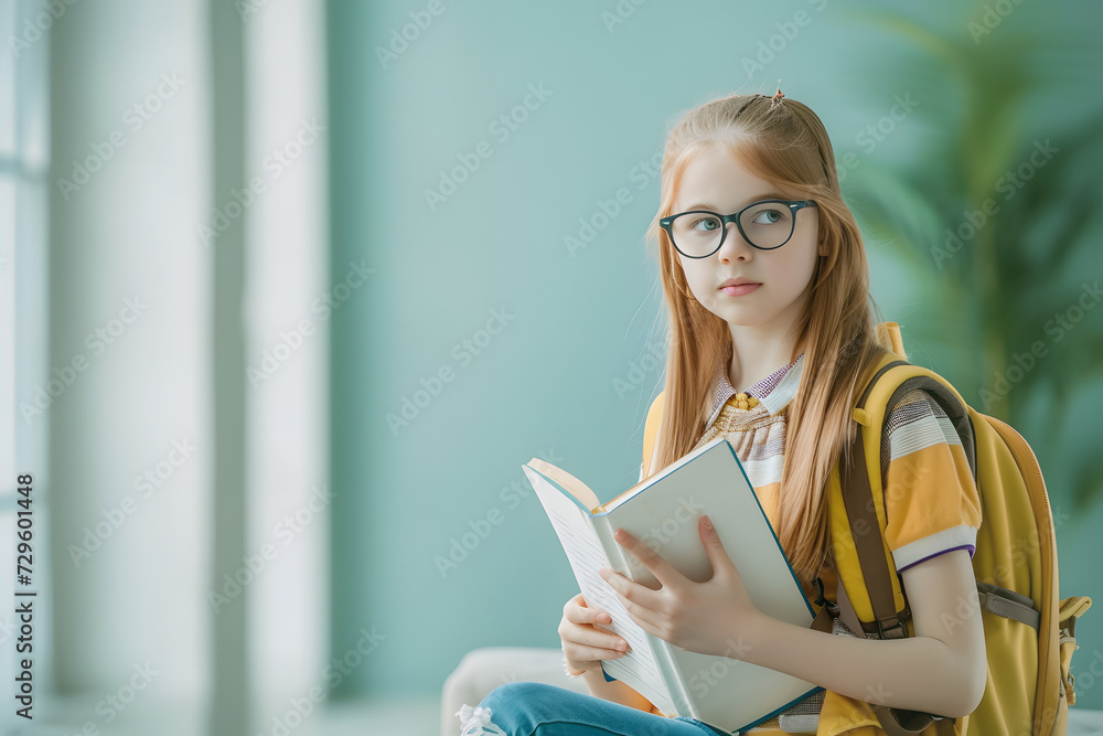 Little girl in glasses with backpack sits reading book. Smart schoolgirl with long blonde hair prepares before lessons during break at school Little girl in glasses with backpack sits reading book. Smart schoolgirl with long blonde hair prepares before lessons during break at school