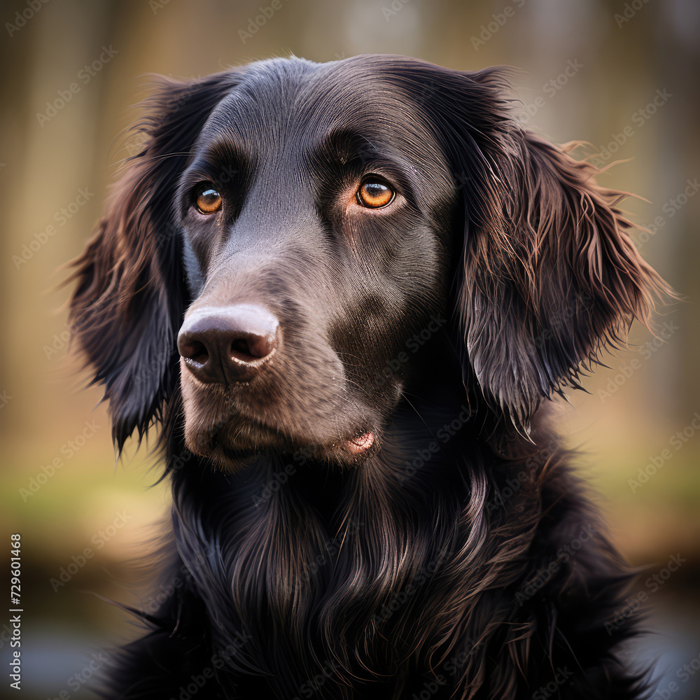 Portrait of a black labrador retriever on a blurred forest background with bokeh.