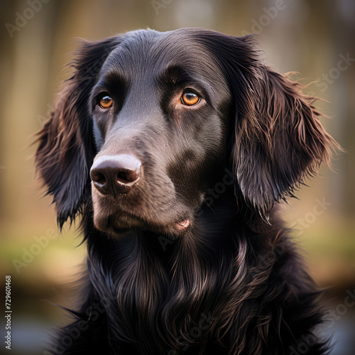 Portrait of a black labrador retriever on a blurred forest background with bokeh.