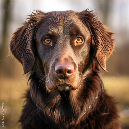 Portrait of a brown labrador retriever on a blurred forest background with bokeh.