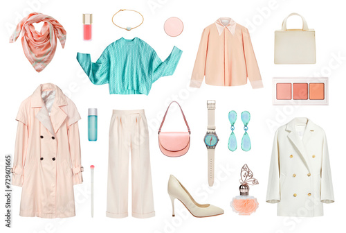 Pastel colors women s clothes isolated set. Collage of female clothing.Outfit.Spring design apparel.Beautiful collection.