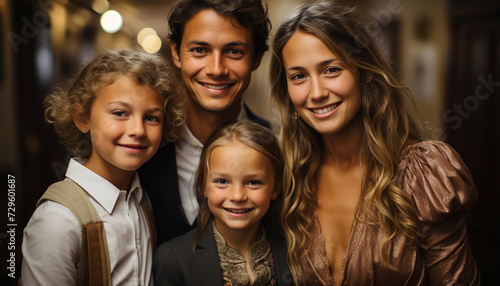Smiling family embracing, happiness radiates from their toothy smiles generated by AI