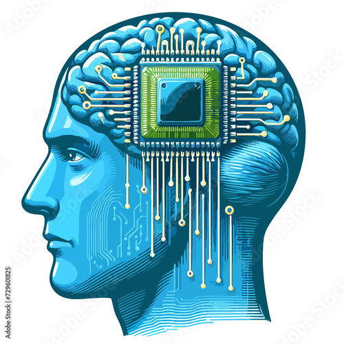 Human head brain with circuit board and microchip installed on the head  illustration