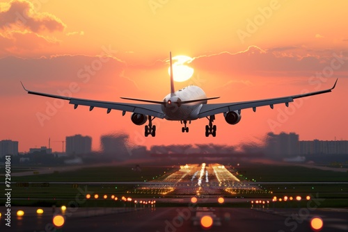 A large jetliner taking off from an airport runway at sunset or dawn with the landing gear down and the landing gear down, as the plane is landing