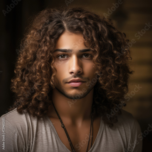 Portrait of a young latin handsome man with long curly, wavy hair. Indoor shot, blurred background.