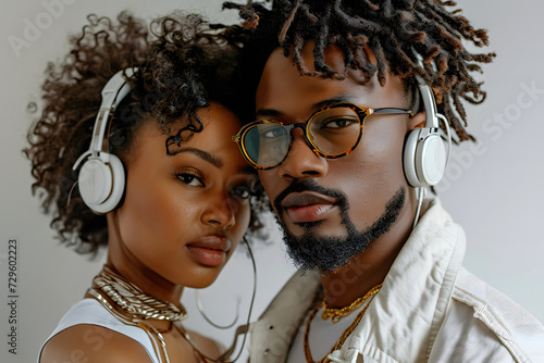 African couple listening to music together on headphones