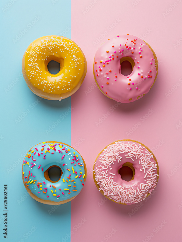 colorful donuts on pink and blue background colorful donuts on pink and blue background
