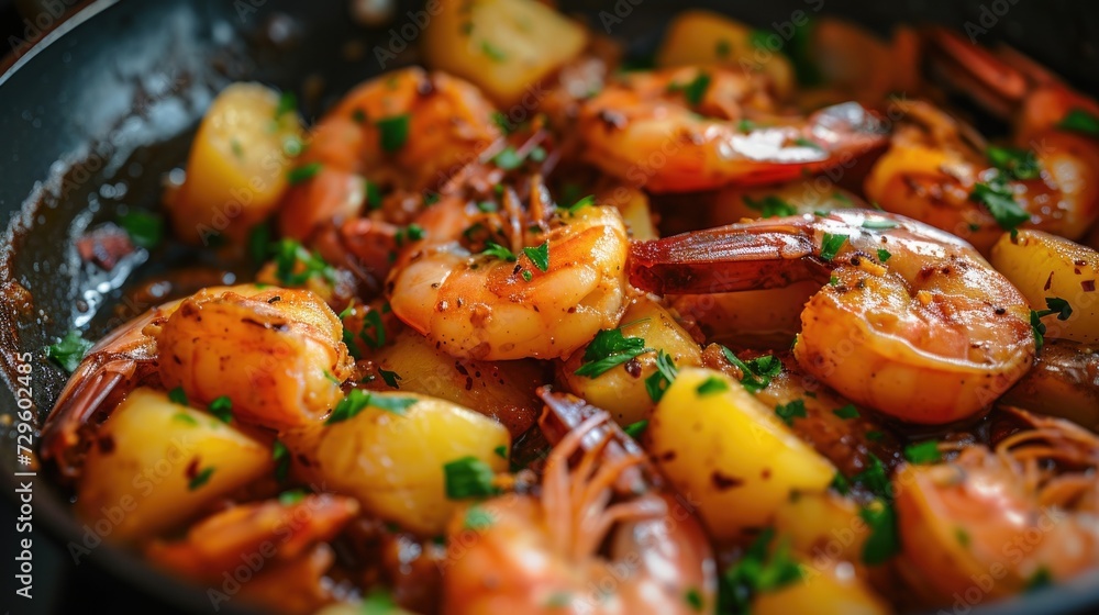 Sautéed shrimp and diced potatoes garnished with herbs in a pan Sautéed shrimp and diced potatoes garnished with herbs in a pan