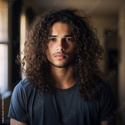 Portrait of a young latin handsome man with long curly, wavy hair. Indoor shot, blurred background.