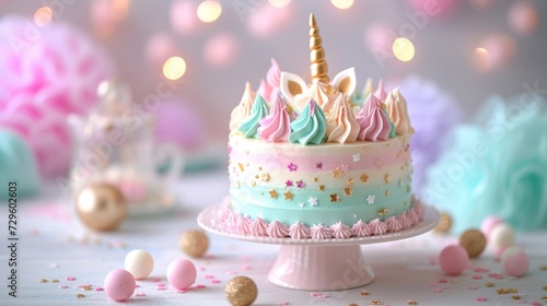 A whimsical unicorn-themed cake featuring pastel colors and golden accents against a simple backdrop