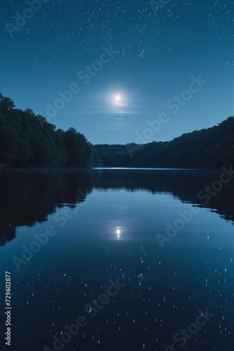 A serene, minimalistic moonlit night sky over a calm, reflective lake © yganko