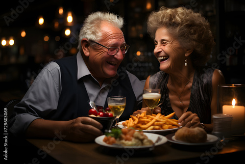 romantic elderly couple talking at a table in a cafe