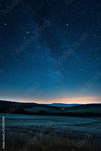 A serene starry night sky over a tranquil countryside, free from light pollution
