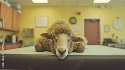 A sheep rests on a table inside a brightly colored veterinary clinic, looking directly at the camera.