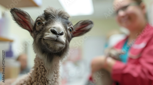 A playful baby goat with a quirky expression is the focus in a veterinary clinic, with a blurred vet in the background.