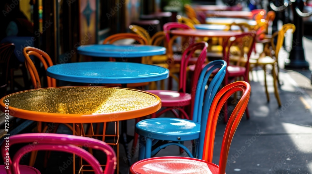 Colorful chairs and tables lined up along a sidewalk café