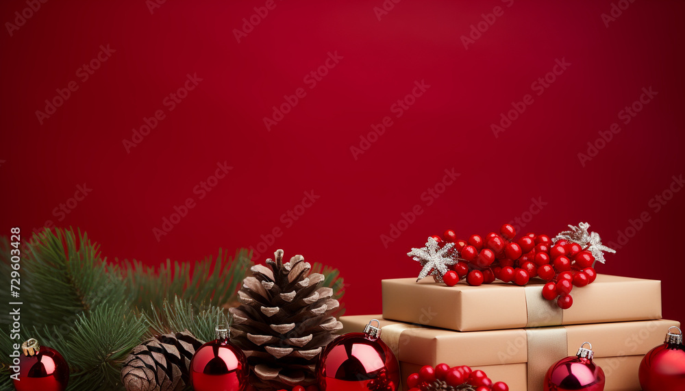 Wrapped gift box with shiny ornament on snowy winter background generated by AI