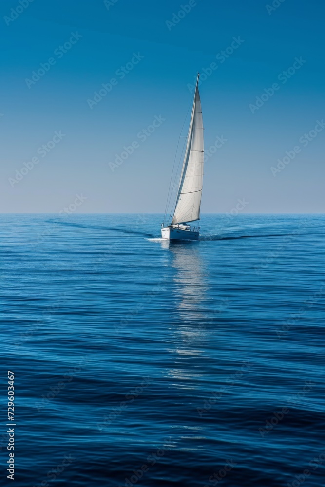 A solitary sailboat with its sails unfurled glides across the expansive blue ocean, leaving a frothy trail in its wake, embodying freedom and adventure