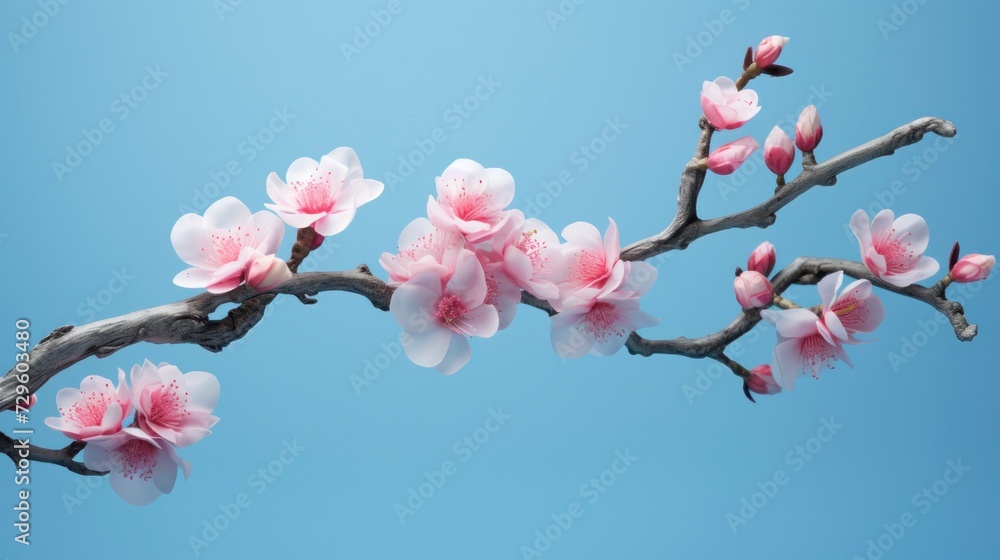 Cherry blossom branch on blue background, copy space for text Cherry blossom branch on blue background, copy space for text