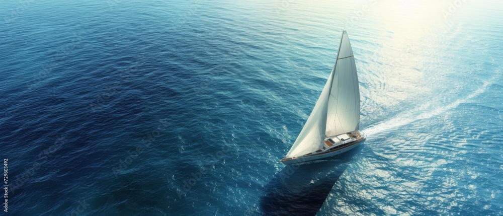 A sailboat journeys across the sea, its sails full in the gentle breeze, set against a sparkling sunlit water backdrop
