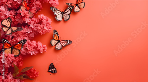 Spring Two Butterflies Colored Cartoon Free Vector,,
 Orange monarch butterflies and pink flowers on a bright red background summer spring background free space for text

 photo