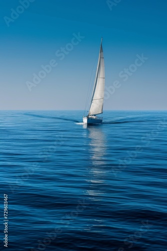 A solitary sailboat with its sails unfurled glides across the expansive blue ocean, leaving a frothy trail in its wake, embodying freedom and adventure © mikeosphoto