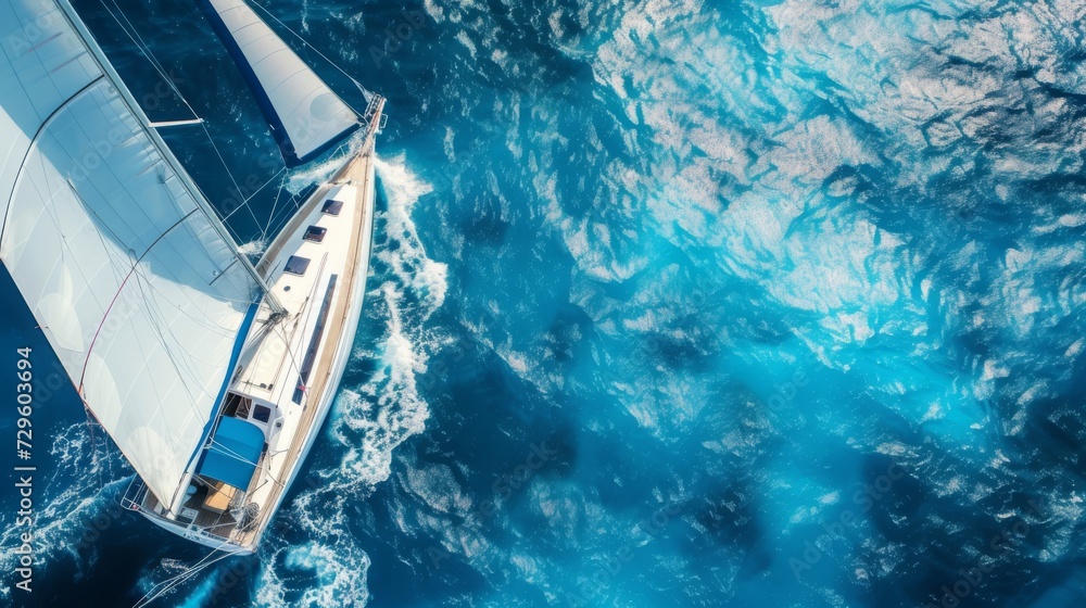 Aerial shot of a sailboat with billowing white sails on the shimmering blue sea