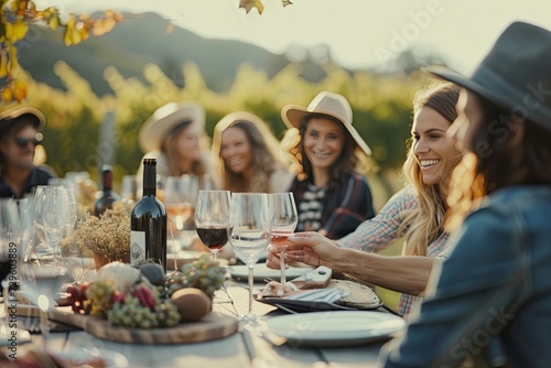 friends toasting white wine and enjoying outdoor dinner at garden restaurant