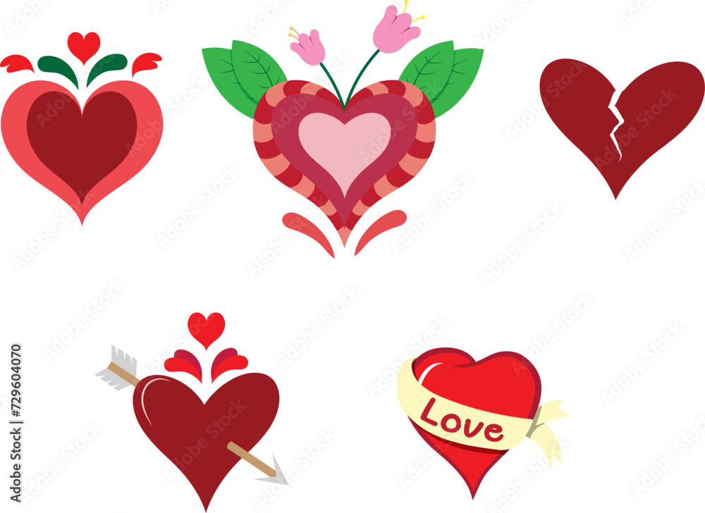 Conjunto de varias ilustraciones vectoriales de diferentes modelos de corazones estilo flat.