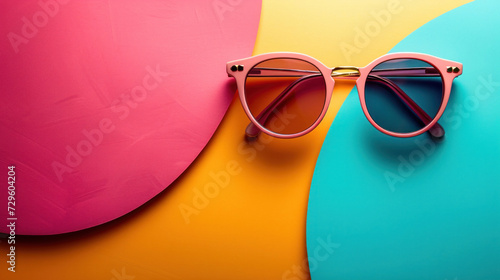 rendy Sunglasses on a Tri-Color Pastel Background, Summer Fashion Concept photo